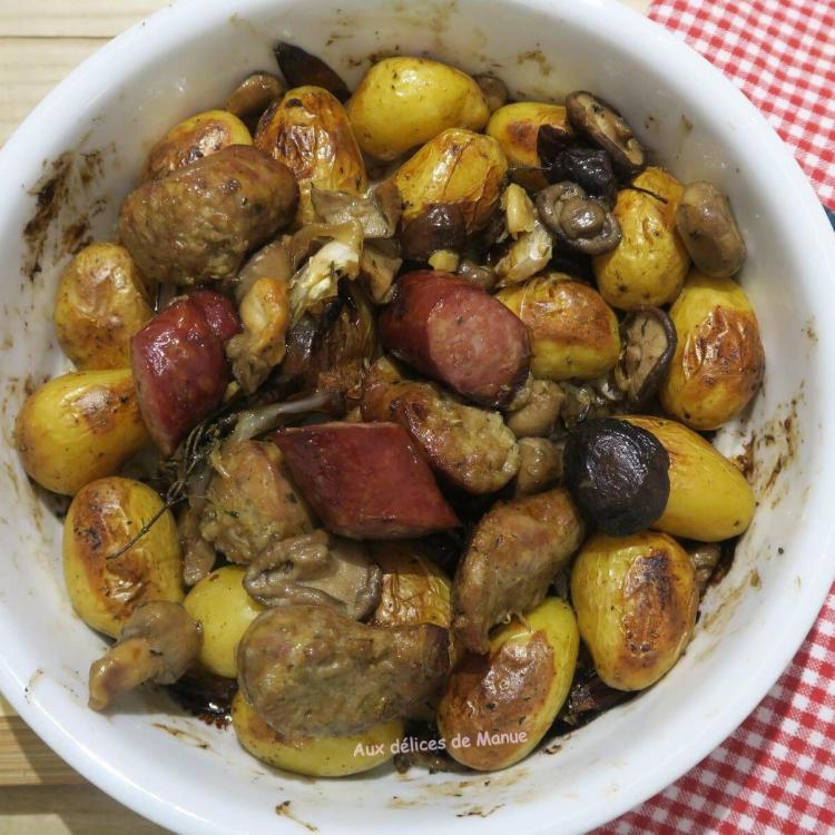 Pommes de terre grenailles a la saucisse au couteau et diot de savoie aux champignons